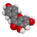 Apigenin yellow herbal dye molecule. 3D rendering. Atoms are represented as spheres with conventional color coding: hydrogen (