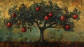 Aple tree with five red aples, Generate Ai Royalty Free Stock Photo