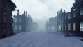 Apocalypse city in the snow. The camera flies through the ruined city. Deserted post-apocalyptic street in the rubble of