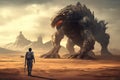 Apocalypse warrior facing a giant mechanical beast in desert, digital painting style. Generative AI