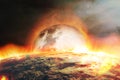 Apocalyptic abstract background with Moon fall and burning Earth . Elements of this image furnished by NASA