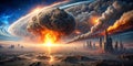 Apocalyptic cityscape fiery celestial event and urban devastation. Generative AI Royalty Free Stock Photo