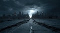 Apocalyptic Cityscape Under a Dramatic Storm Sky with Lightning Strikes Over a Cracked Road Royalty Free Stock Photo