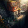 Apocalyptic concept of a destroyed old house on a mountainside, evening time. AI generated