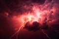 Apocalyptic dramatic background - bright lighnings in dark red stormy sky