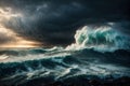 Apocalyptic dramatic background giant tsunami waves. ai generative Royalty Free Stock Photo