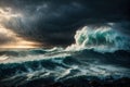 Apocalyptic dramatic background giant tsunami waves. ai generative