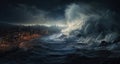 Apocalyptic dramatic background - giant tsunami waves crashing small coastal town