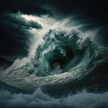 Apocalyptic dramatic background, giant tsunami waves, dark stormy sky. Royalty Free Stock Photo