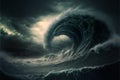 Apocalyptic dramatic giant tsunami waves, nature, sea & ocean