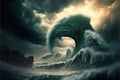 Apocalyptic dramatic giant tsunami waves, nature, sea & ocean