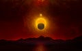 Apocalyptic dramatic image, doomsday event concept. Glowing full moon and planet Nibiru in dark red sky above black mountains and