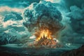 Apocalyptic explosion over fantasy cityscape