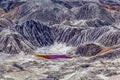 Apocalyptic landscape like planet Mars surface. Fantastic view of crimson red lake. Solidified brown Earth surface. Barren, Royalty Free Stock Photo