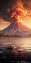 Apocalyptic Landscape: Man In Boat Confronts Volcanic Mountain