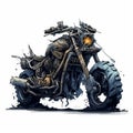 Apocalyptic Motorcycle: Detailed Character Illustration With Gouges And Scratches