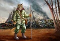 Apocalyptic puss in boots and apocalyptic landscape with castle and junkyard Royalty Free Stock Photo