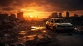 Apocalyptic Sunset Over Destroyed City with Car Wreck. Generative ai