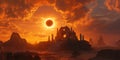 Apocalyptic Sunset Ruins and Total Solar Eclipse Royalty Free Stock Photo
