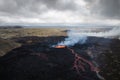 Apocalyptic surroundings of an erupted volcano, lava and smoke spreading, aerial