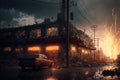 Apocalyptic view of burning city buildings, post apocalypse after world war, generative AI