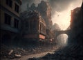Apocalyptic view of destroyed city buildings, post apocalypse after world war, generative AI