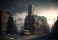 Apocalyptic view of destroyed city buildings, post apocalypse after world war, generative AI