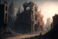 Apocalyptic view of destroyed city buildings, post apocalypse after world war, generative AI