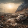 Apocalyptic Vision: Abandoned Car and Industry& x27;s Smoke Under a Dusty Sky.
