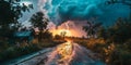 Apocalyptic Vision of a Supercell Thunderstorm with Dramatic Lightning Strike on a Rural Road Embodying Natures Fury Royalty Free Stock Photo