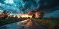 Apocalyptic Vision of a Supercell Thunderstorm with Dramatic Lightning Strike on a Rural Road Embodying Natures Fury Royalty Free Stock Photo