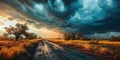 Apocalyptic Vision of a Supercell Thunderstorm with Dramatic Lightning Strike on a Rural Road Embodying Natures Fury Royalty Free Stock Photo