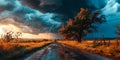 Apocalyptic Vision of a Supercell Thunderstorm with Dramatic Lightning Strike on a Rural Road Embodying Natures Fury Royalty Free Stock Photo