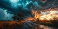 Apocalyptic Vision of a Supercell Thunderstorm with Dramatic Lightning Strike on a Rural Road Embodying Natures Fury Royalty Free Stock Photo