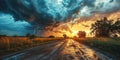 Apocalyptic Vision of a Supercell Thunderstorm with Dramatic Lightning Strike on a Rural Road Embodying Natures Fury Royalty Free Stock Photo