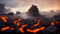 Apocalyptic volcanic landscape with hot flowing lava and smoke and ash clouds. 3D illustration