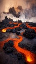 Apocalyptic volcanic landscape with hot flowing lava and smoke and ash clouds. 3D illustration