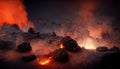 Apocalyptic volcanic landscape with hot flowing lava and smoke and ash clouds. 3D illustration