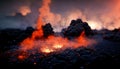 Apocalyptic volcanic landscape with hot flowing lava and smoke and ash clouds. 3D illustration