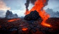 Apocalyptic volcanic landscape with hot flowing lava and smoke and ash clouds. 3D illustration