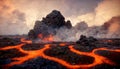 Apocalyptic volcanic landscape with hot flowing lava and smoke and ash clouds. 3D illustration