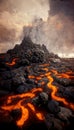 Apocalyptic volcanic landscape with hot flowing lava and smoke and ash clouds. 3D illustration