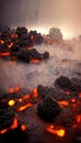 Apocalyptic volcanic landscape with hot flowing lava and smoke and ash clouds. 3D illustration