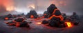 Apocalyptic volcanic landscape with hot flowing lava and smoke and ash clouds. 3D illustration