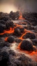 Apocalyptic volcanic landscape with hot flowing lava and smoke and ash clouds. 3D illustration