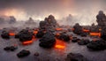 Apocalyptic volcanic landscape with hot flowing lava and smoke and ash clouds. 3D illustration