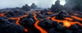 Apocalyptic volcanic landscape with hot flowing lava and smoke and ash clouds. 3D illustration