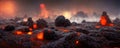 Apocalyptic volcanic landscape with hot flowing lava and smoke and ash clouds. 3D illustration