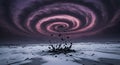 Apocalyptic vortex sky over exploding frozen landscape. Surreal fantasy background with dramatic storm and destruction. Royalty Free Stock Photo