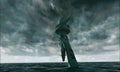 Apocalyptic water view. Old Statue of liberty in Storm. 3d render Royalty Free Stock Photo